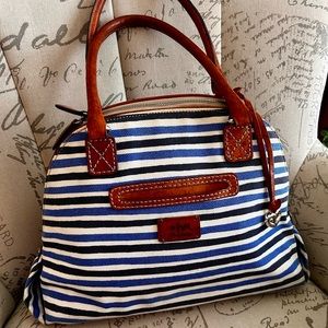 Brighton Vera Blue Striped Canvas Handbag w/ Brown Leather Trim & Nautical Motif